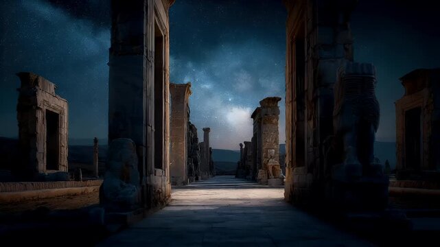 Space universe exploration, fantasy, mysterious. A nighttime scene of the ancient city of Persepolis, Iran. The main subject is a series of intricately carved stone columns, each with a unique design.