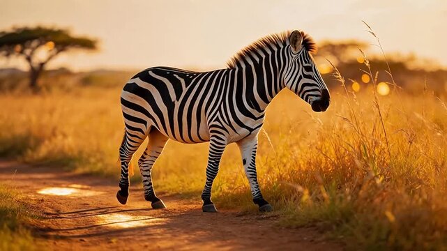 Zebra walking on path in grassy field