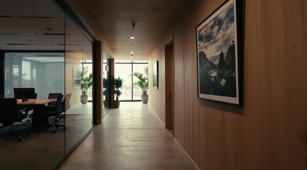 Obraz premium Modern office hallway with glass walls, wood paneling. Natural light streams in from large windows, illuminating potted plants, artwork. Meeting rooms, open workspaces are visible through glass.