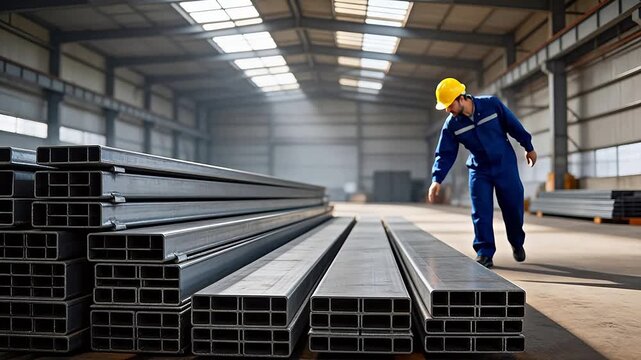 Man walking in warehouse with metal beams