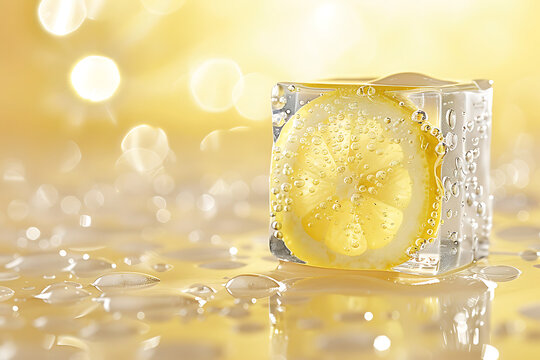 Fresh Lemon Slice inside Crystal Ice Cube with Bubbles, Golden Bokeh Backdrop for Summer Soda Drink and Refreshing Cosmetic Marketing