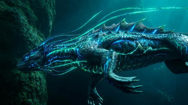 Bioluminescent underwater beast, in deep blue ocean setting, mythical creature design, 4K video