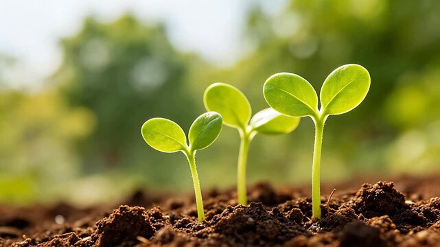 Young green seedlings growing in soil