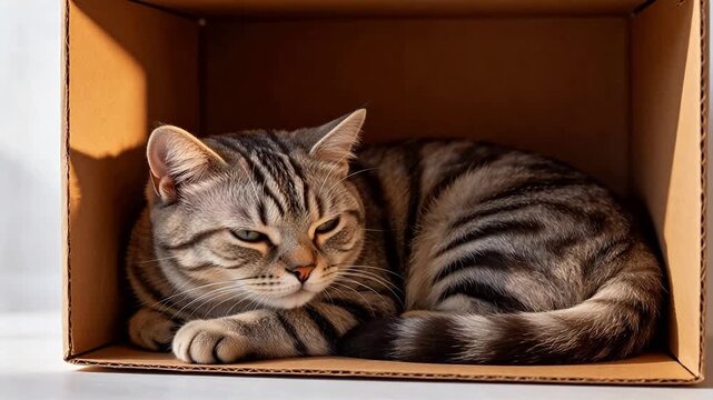 Cat resting in a cardboard box