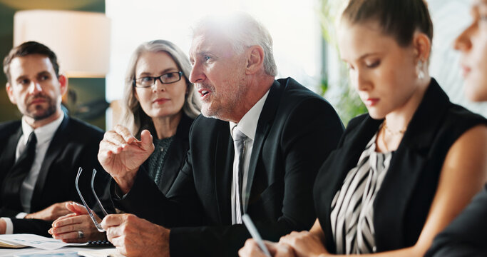 Business, people and director in office with discussion, finance audit and AGM meeting for feedback. Corporate, team and executive in workplace for financial accounting, opinion and collaboration.