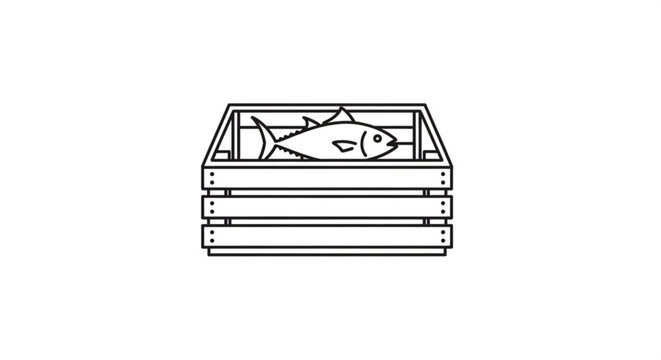 Simple line art icon of a fresh fish inside a wooden crate