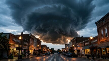 Obraz premium Dramatic storm clouds loom over a small town street at dusk.
