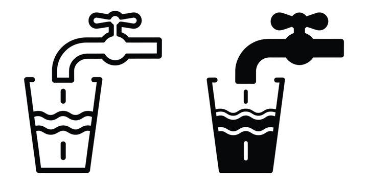 Drinking water icon set faucet with water flowing into glass outline and filled vector illustration isolated