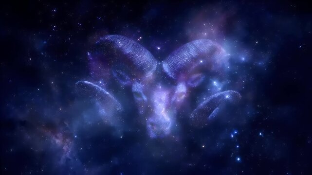 Space universe exploration, fantasy, mysterious. A vivid depiction of a cosmic scene features a rams head in the foreground against a backdrop of a vast expanse of stars and nebulae.