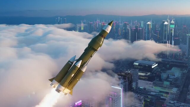 Rocket launch at dusk over futuristic cityscape with glowing skyscrapers and clouds
