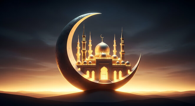 An illuminated mosque with golden domes and minarets rests majestically within a large crescent moon at sunset.