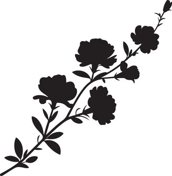 Black silhouette of a blooming flower branch with petals and leaves