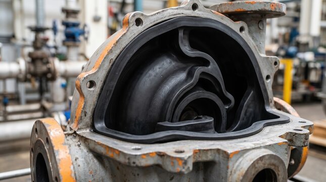Medium shot focusing on rubber lining inside a chemical pump casing demonstrating flexible corrosion protection for aggressive chemical fluids in industrial settings.