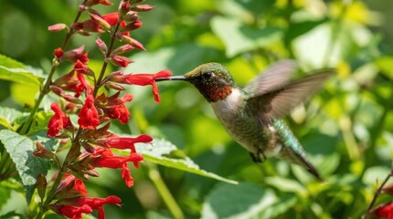 Fototapeta premium Hummingbird feeding on red flowers in a vibrant garden scene.