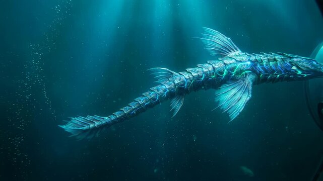Bioluminescent underwater beast, in deep blue ocean setting, mythical creature design, 4K video