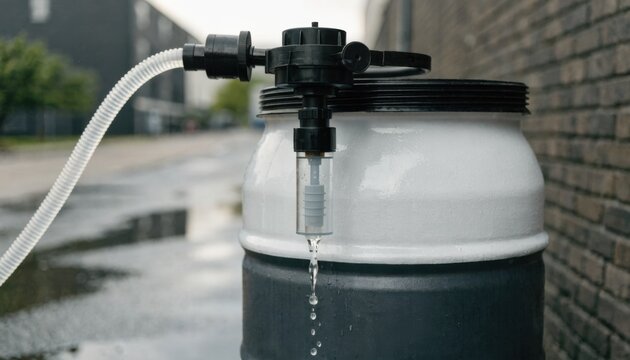 Closeup medium shot showing pneumatic drum pump installation on a hazardous material drum focusing on the air hose attachment and controlled flow setup.