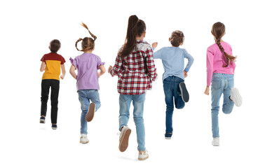 Naklejka premium Group of children running on white background, back view