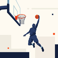 Minimalist Illustration of a Basketball Player Performing a Dynamic Slam Dunk © fiqri