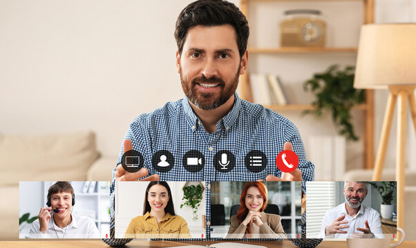 Group video chat. Collage with views from web cameras and app buttons