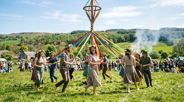 Candid Moment of Joyful Community Dancing Around a Traditional Maypole with Colorful Ribbons and Flower Crowns at a Beltane Spring Festival