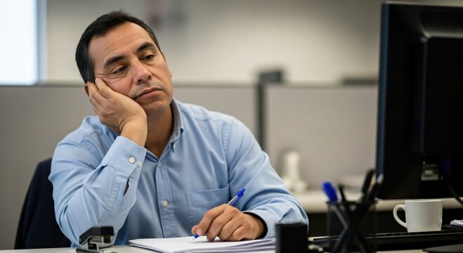 Bored Middle Aged Hispanic Office Worker Feeling Tired and Uninspired at Desk
