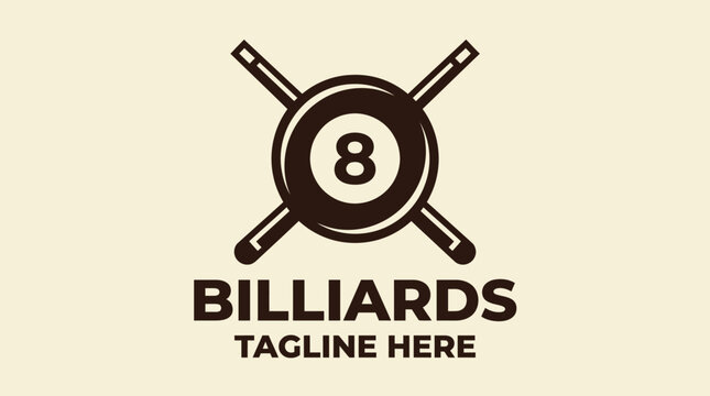Vintage Billiards 8 Ball and Crossed Cues Logo Design.
