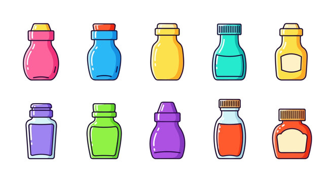 A collection of colorful, cartoon-style bottles, including various shapes and sizes, presented on a white background