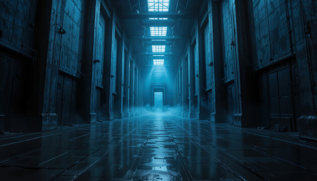 Eerie exploration of an abandoned hallway mysterious location digital art atmospheric environment dramatic viewpoint