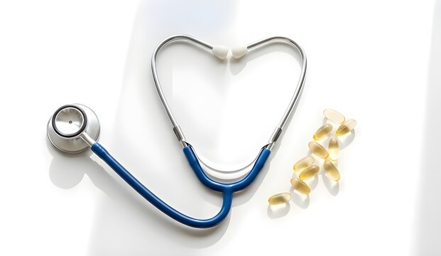 A blue and silver stethoscope arranged in a heart shape on a clean white surface, next to a small cluster of yellow gel capsules. The image symbolizes heart health, medical care, and wellness.