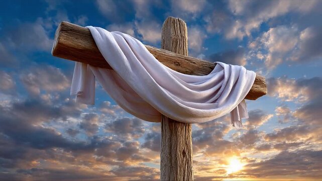 Sacred Symbolism: A weathered wooden cross draped with a pristine white cloth stands as a potent symbol of faith against a backdrop of a vibrant, sunlit sky. 