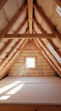 Interior view of an attic with wooden beams and insulation. Small windows let in sunlight onto the floor. The space is unfinished and shows construction elements.