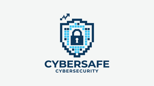 CyberSafe Cybersecurity Logo with Pixelated Shield and Lock.