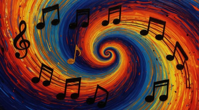 Abstract colorful art with music notes swirls around spiral center. Vibrant background texture depicts sound waves and rhythm. Musical elements float against a dynamic, energetic composition.