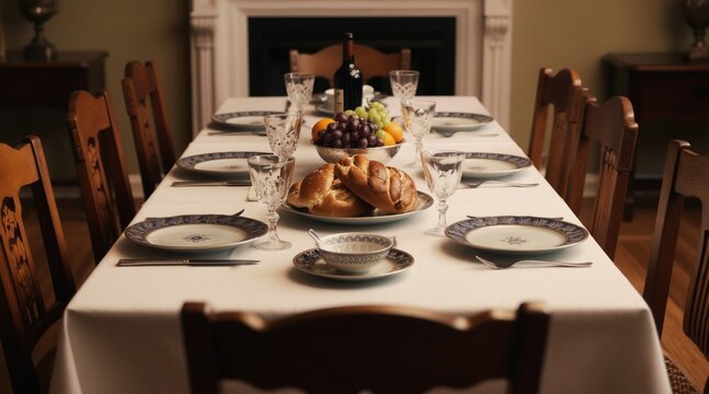 Elegant table set for Jewish Shabbat meal. White tablecloth adorned with challah bread, fruit bowl, wine bottle, elegant place settings. Wooden chairs surround festive dining area, ready for