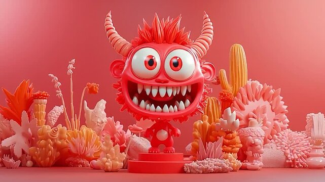 Whimsical Red Monster Character with Coral Reef Elements.