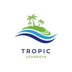 Obraz premium Tropical Island Paradise Logo with Palm Trees and Ocean Waves.