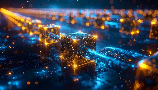 ブロックチェーンを可視化したキューブ状の光の連鎖構造