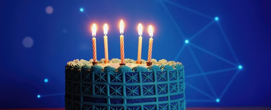 Blue birthday cake with lit candles. Abstract network pattern glows on background. Digital celebration concept with sweet dessert, party, and technology.