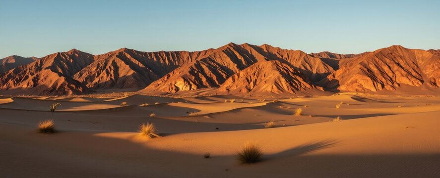 Vast desert dunes meet rugged mountains under clear sky. Sparse dry grass dots golden sand, casting long shadows. Warm sun illuminates arid, rocky landscape, creating dramatic light and tone.