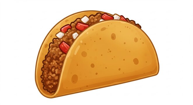 Delicious crunchy taco cartoon style bright colors juicy meat diced tomatoes and fresh onions clean illustration. AI Generated