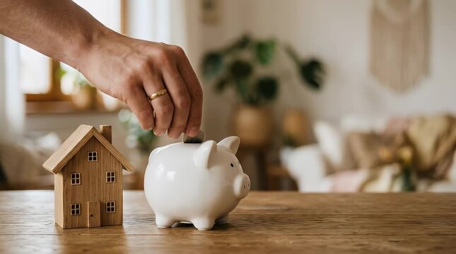Hand Inserting Coin Into Piggy Bank on Wooden Table