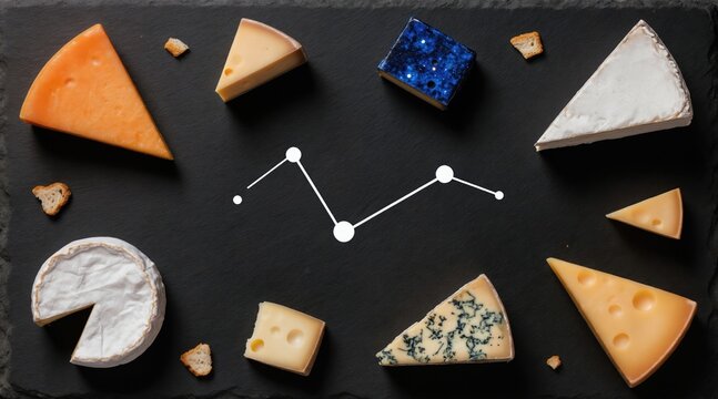 Various cheese types arranged like constellations on dark background with graph. This editorial illustration has copy space for text, ideal for food blogs.
