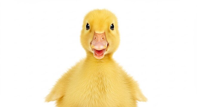 Adorable fluffy yellow duckling cheeps cheerfully under bright studio lighting on a pristine white backdrop. AI Generated