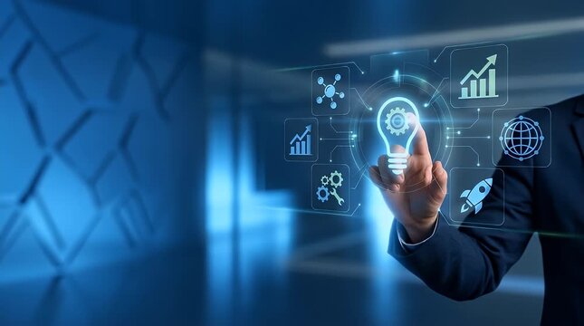 Businessman Touching Holographic UI Interface in Dark Environment