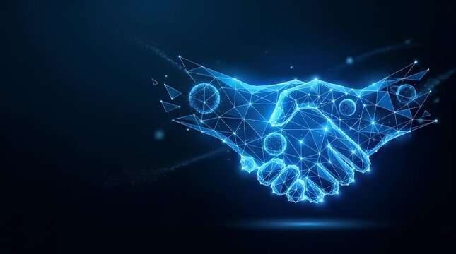 Futuristic Holographic Handshake Icon Glowing on Dark Background