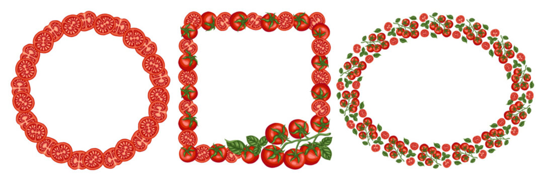 Tomato geometric frame set vector food illustration. Hand drawn wreath with red cherry tomatoes and basil leaf. Fresh healthy ingredient for restaurant menu design. Perfect for product packaging.