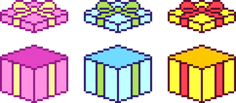 8-bit pixel art gift box icon set