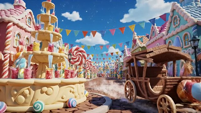 Vibrant Whimsical Candy Town Street with Peppermint Lollipop and Colorful Bunting