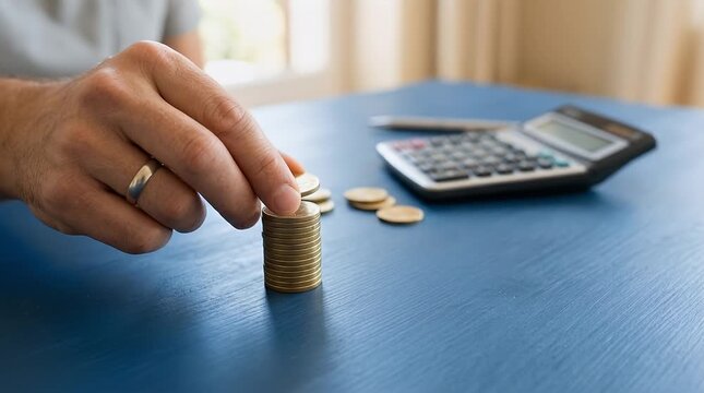 Person Stacking Coins on Blue Table with Calculator in Background