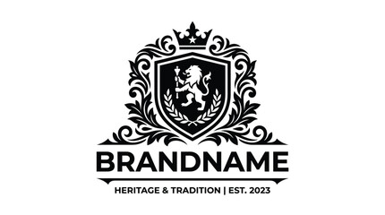 Fototapeta premium Elegant Lion Crest Emblem with Crown and Laurel Wreath.